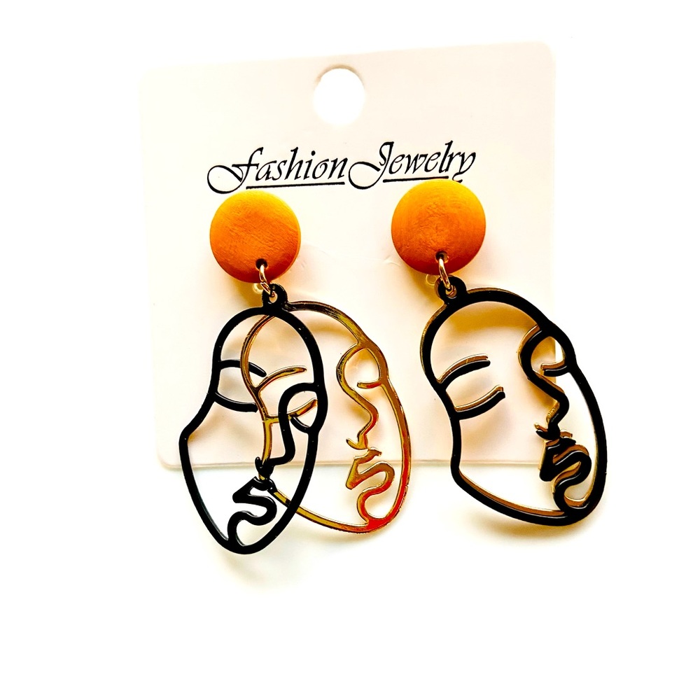 Abstract Face Dangle Earrings 18K Gold Plated & Black